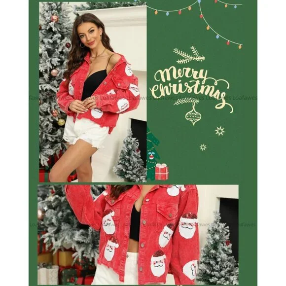 Women's Christmas Distressed Cropped Corduroy Jacket Santa Sequin Patched Short
